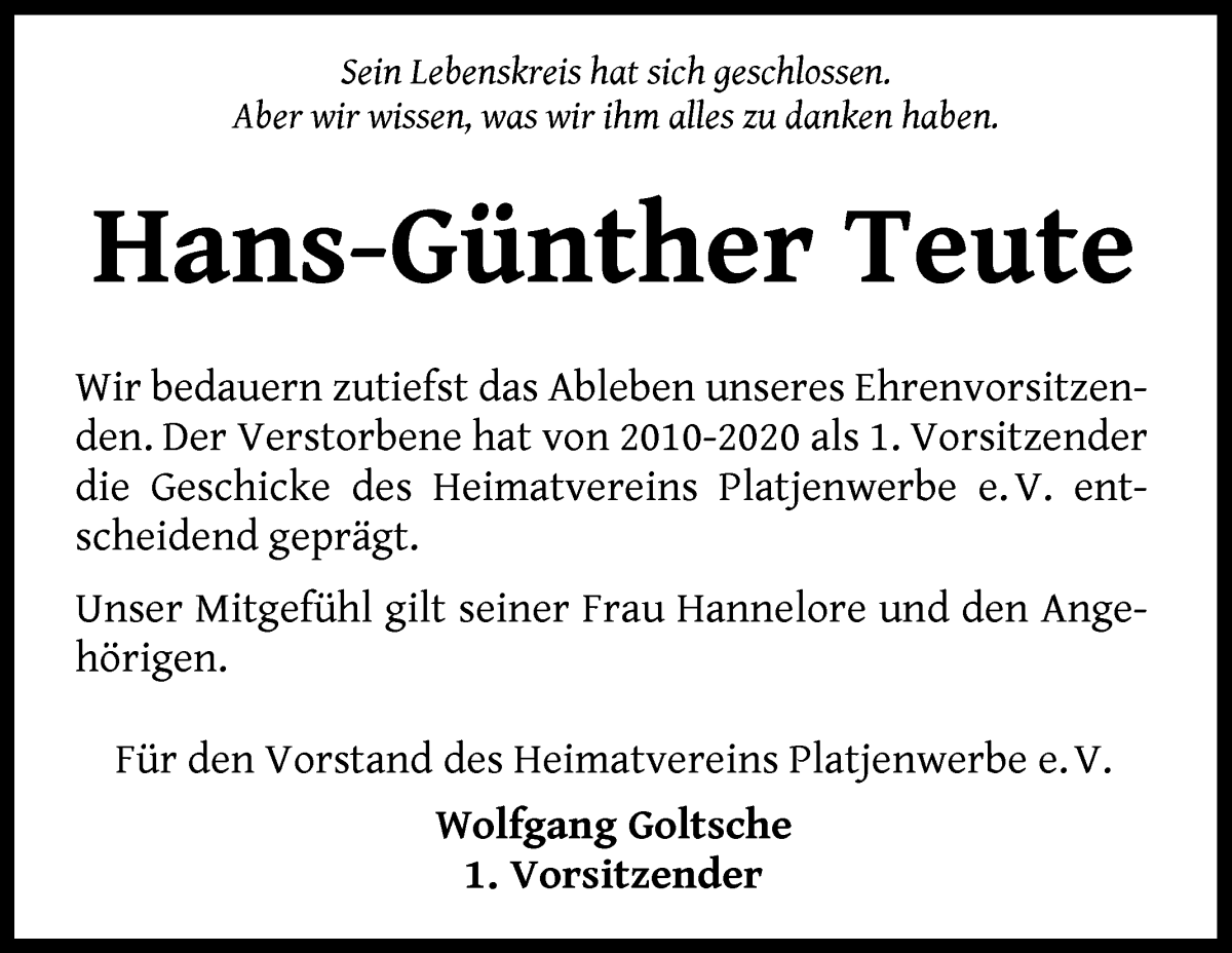 Traueranzeige von Hans-Günther Teute von Die Norddeutsche