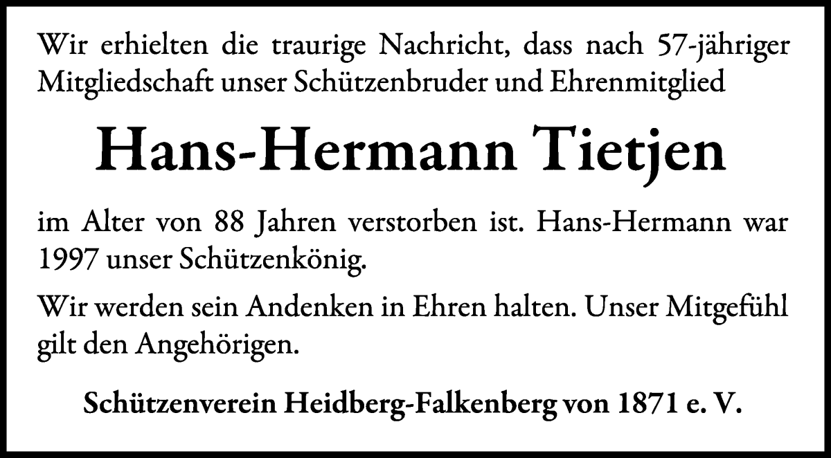 Traueranzeige von Hans-Hermann Tietjen von Wuemme Zeitung