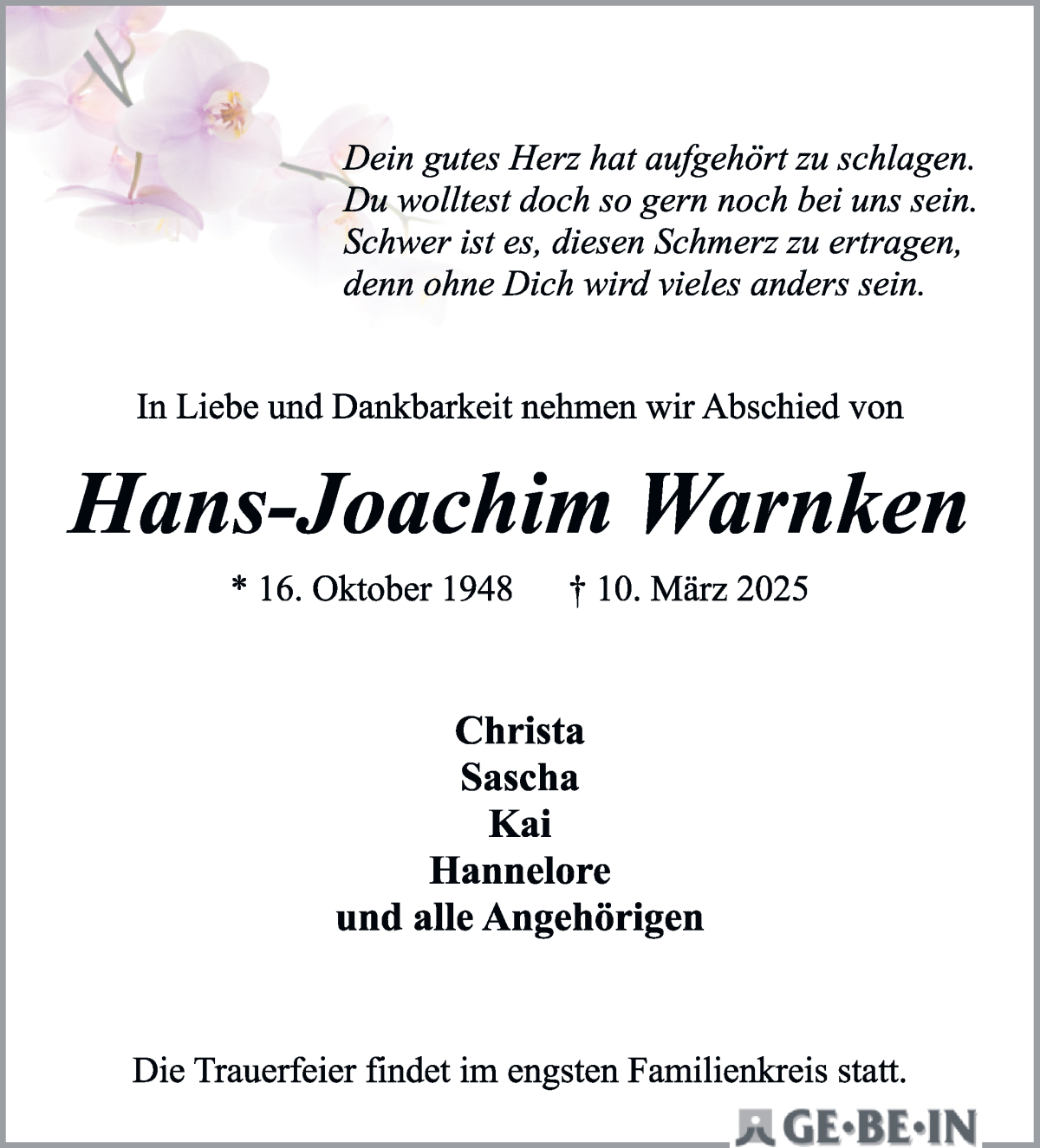 Traueranzeige von Hans-Joachim Warnken von WESER-KURIER