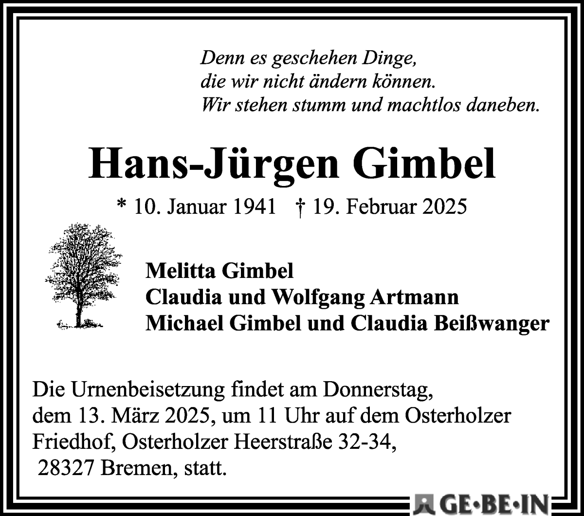 Traueranzeige von Hans-Jürgen Gimbel von WESER-KURIER