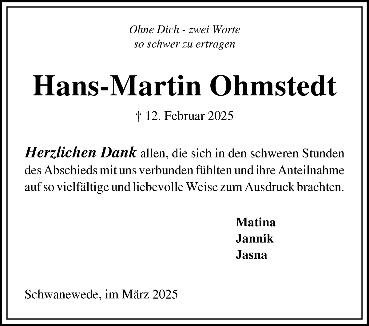 Traueranzeige von Hans-Martin Ohmstedt von Die Norddeutsche