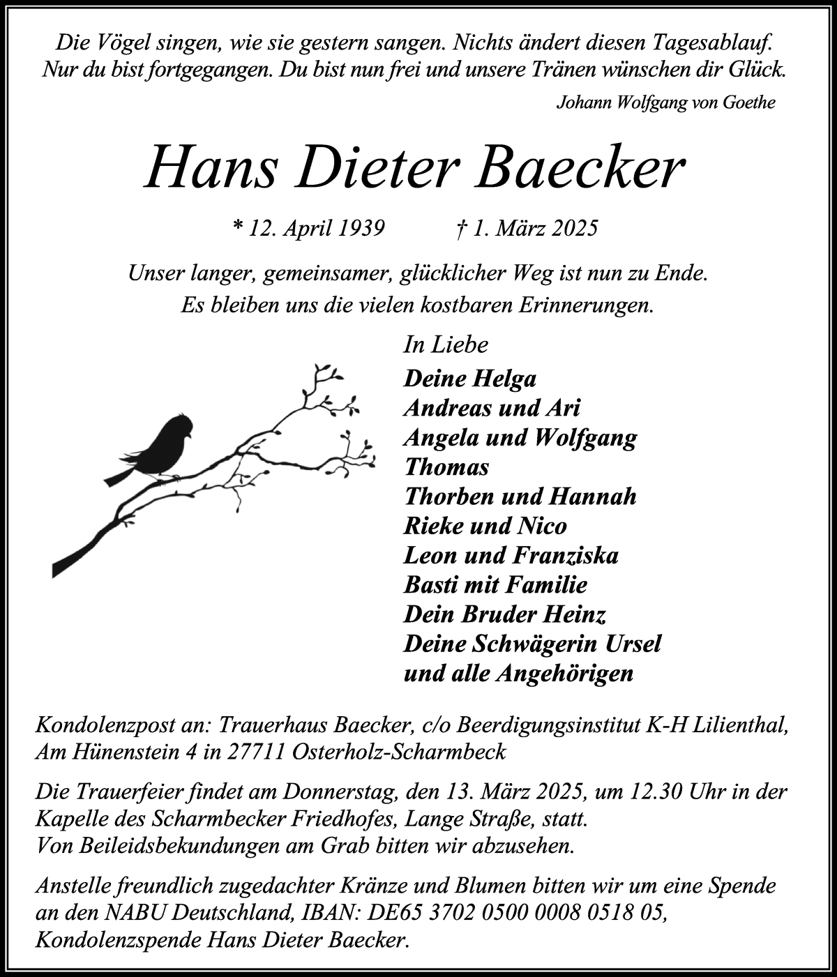 Traueranzeige von Hans Dieter Baecker von Osterholzer Kreisblatt