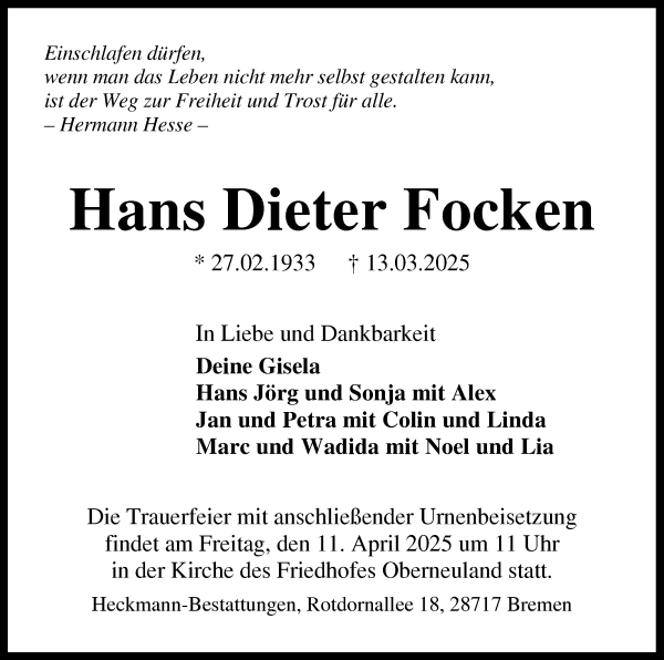 Traueranzeige von Hans Dieter Focken von WESER-KURIER