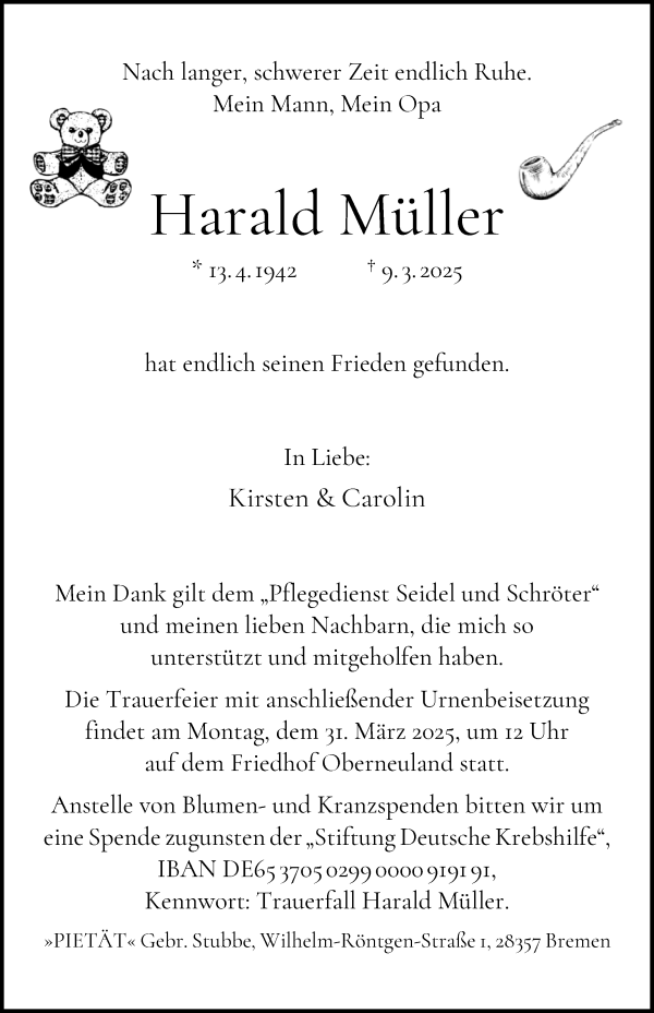 Traueranzeige von Harald Müller von WESER-KURIER