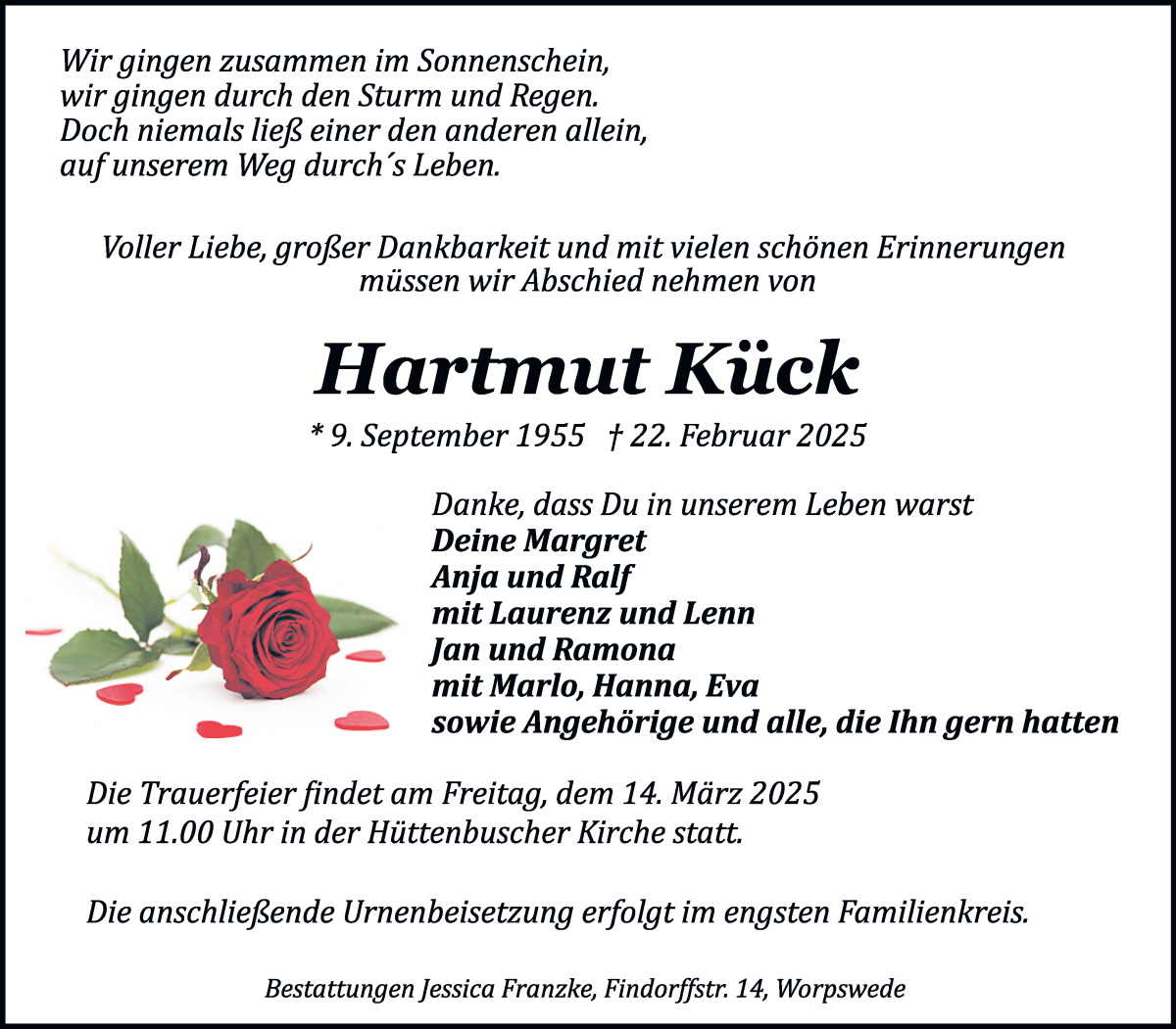 Traueranzeige von Hartmut Kück von Wuemme Zeitung