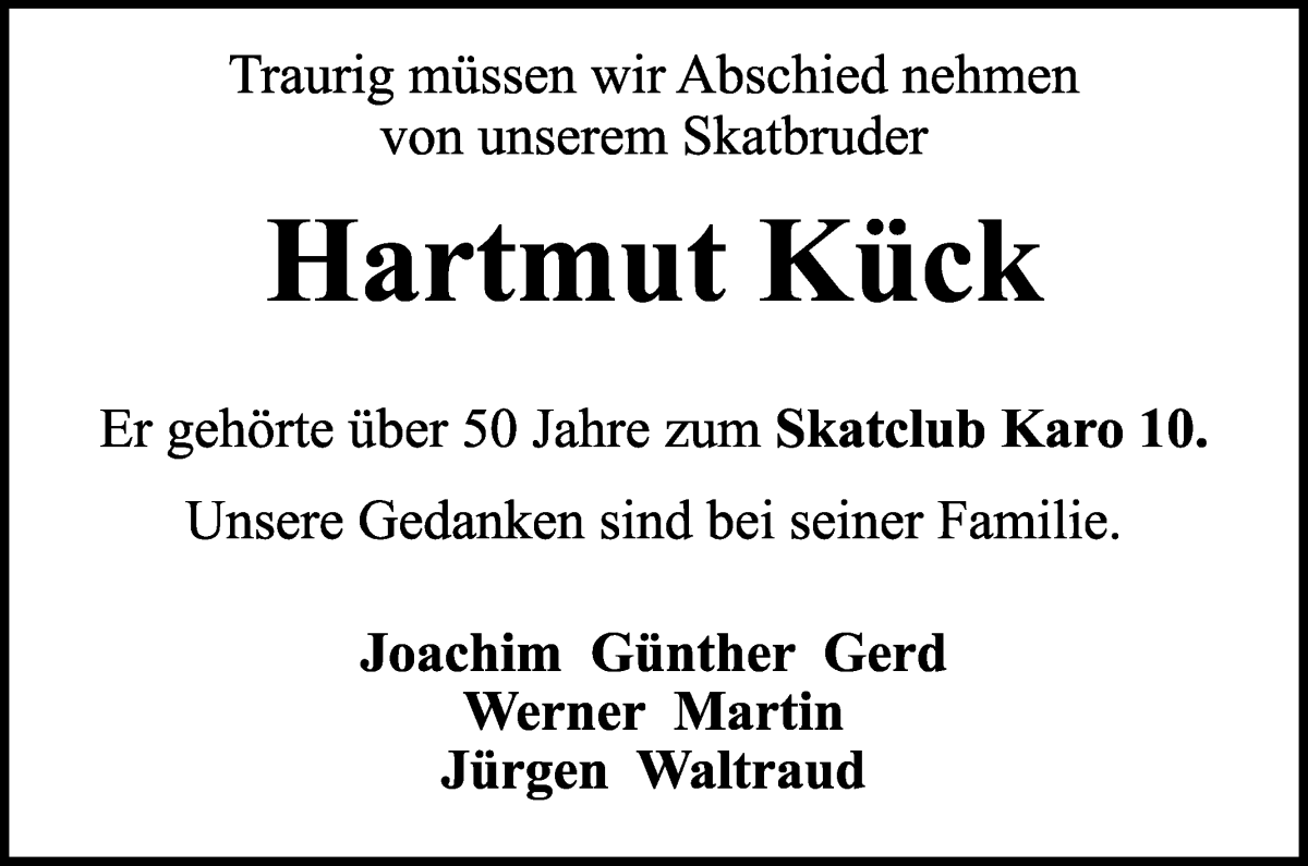 Traueranzeige von Hartmut Kück von Wuemme Zeitung