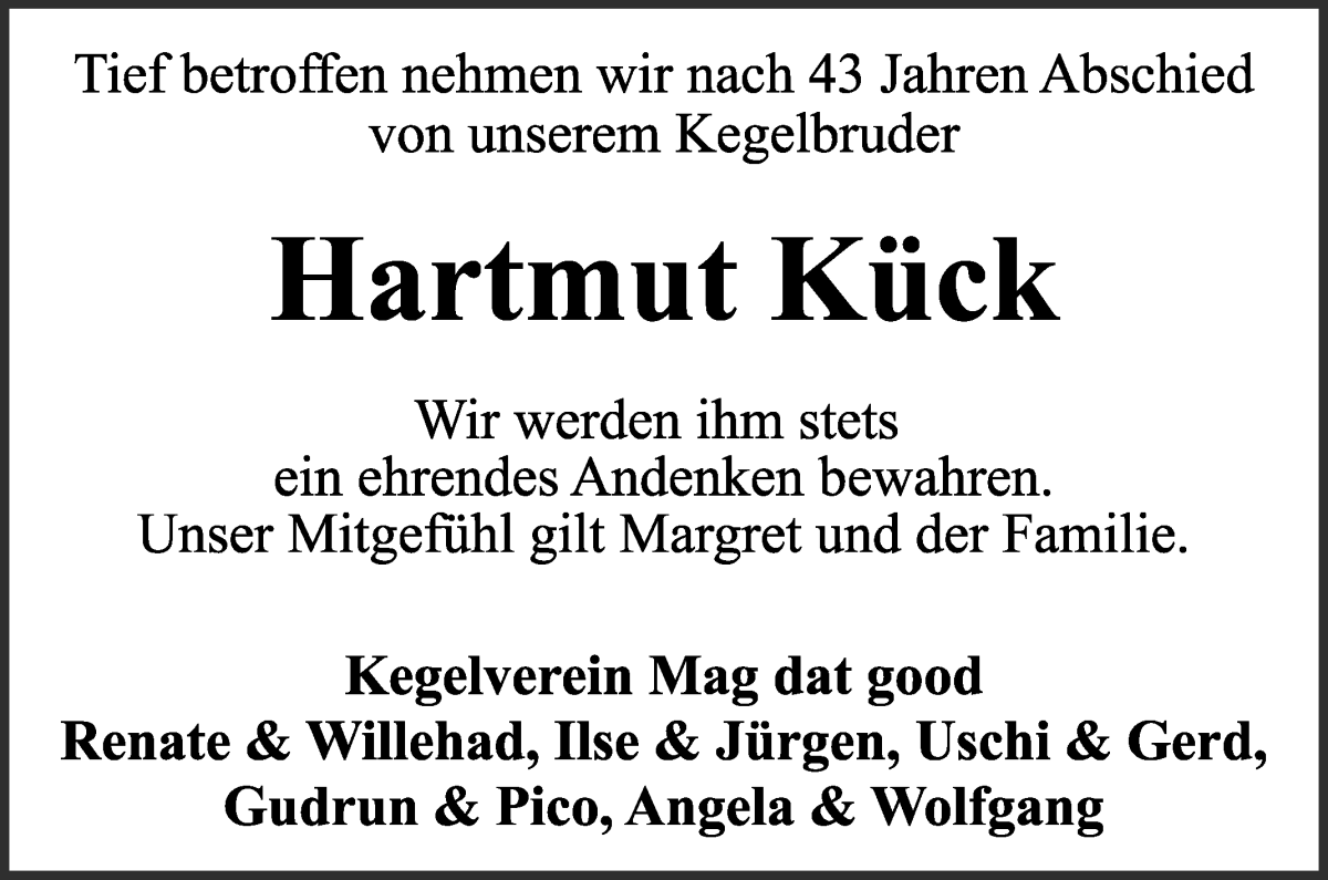 Traueranzeige von Hartmut Kück von Wuemme Zeitung