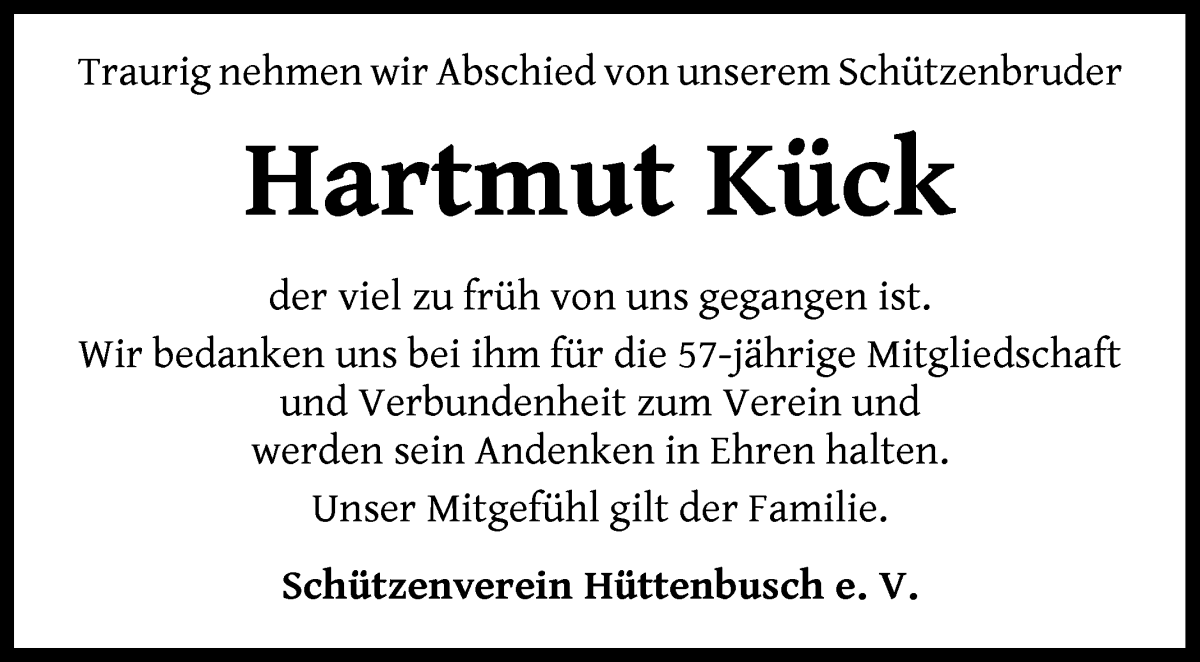 Traueranzeige von Hartmut Kück von Wuemme Zeitung