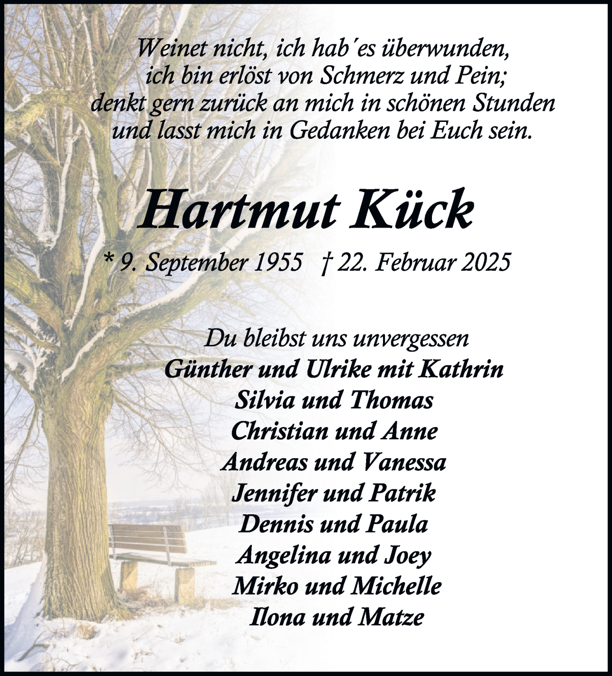 Traueranzeige von Hartmut Kück von Wuemme Zeitung