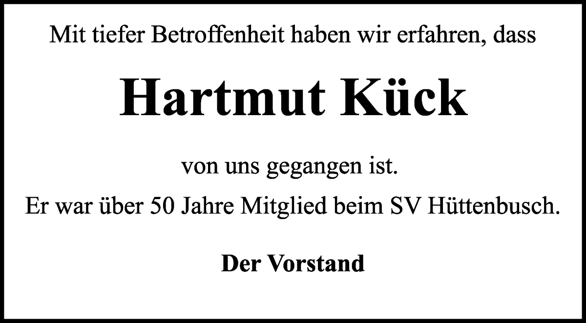Traueranzeige von Hartmut Kück von Wuemme Zeitung