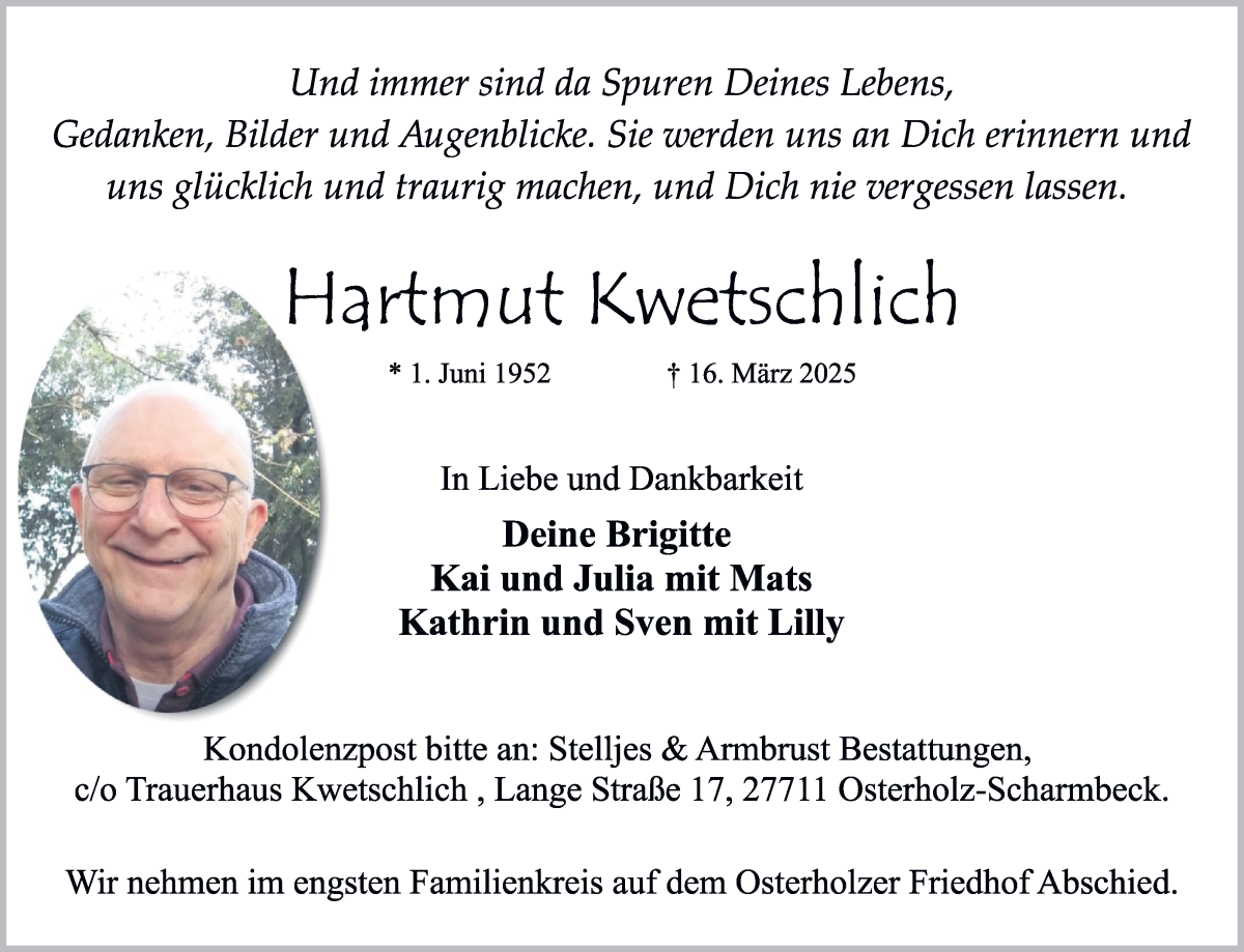 Traueranzeige von Hartmut Kwetschlich von Osterholzer Kreisblatt
