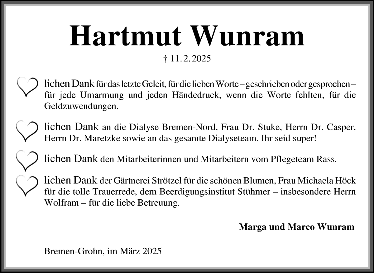 Traueranzeige von Hartmut Wunram von Die Norddeutsche