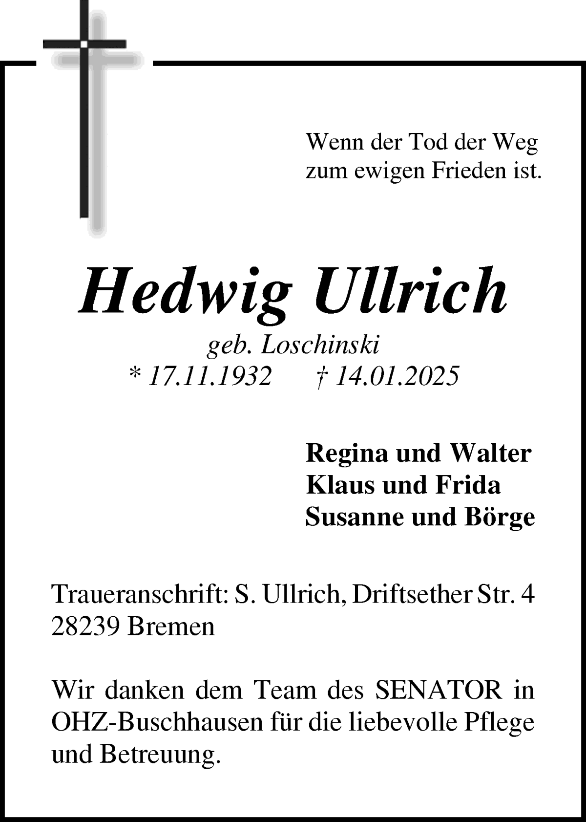 Traueranzeige von Hedwig Ullrich von WESER-KURIER