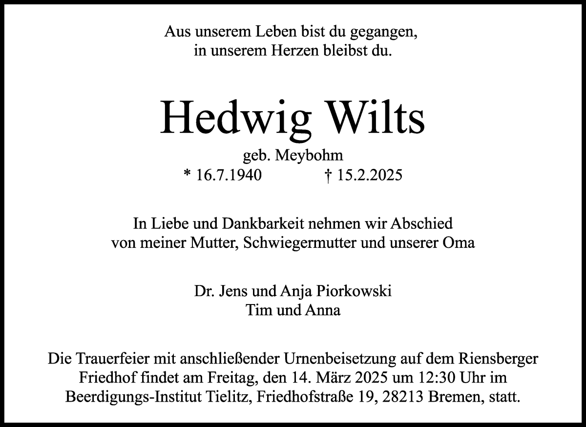 Traueranzeige von Hedwig Wilts von WESER-KURIER