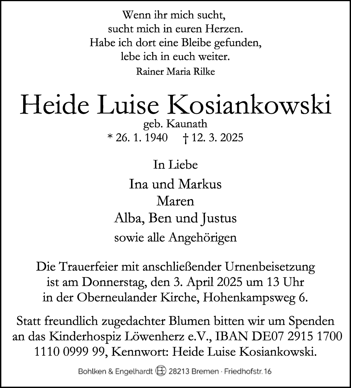Traueranzeige von Heide Luise Kosiankowski von WESER-KURIER