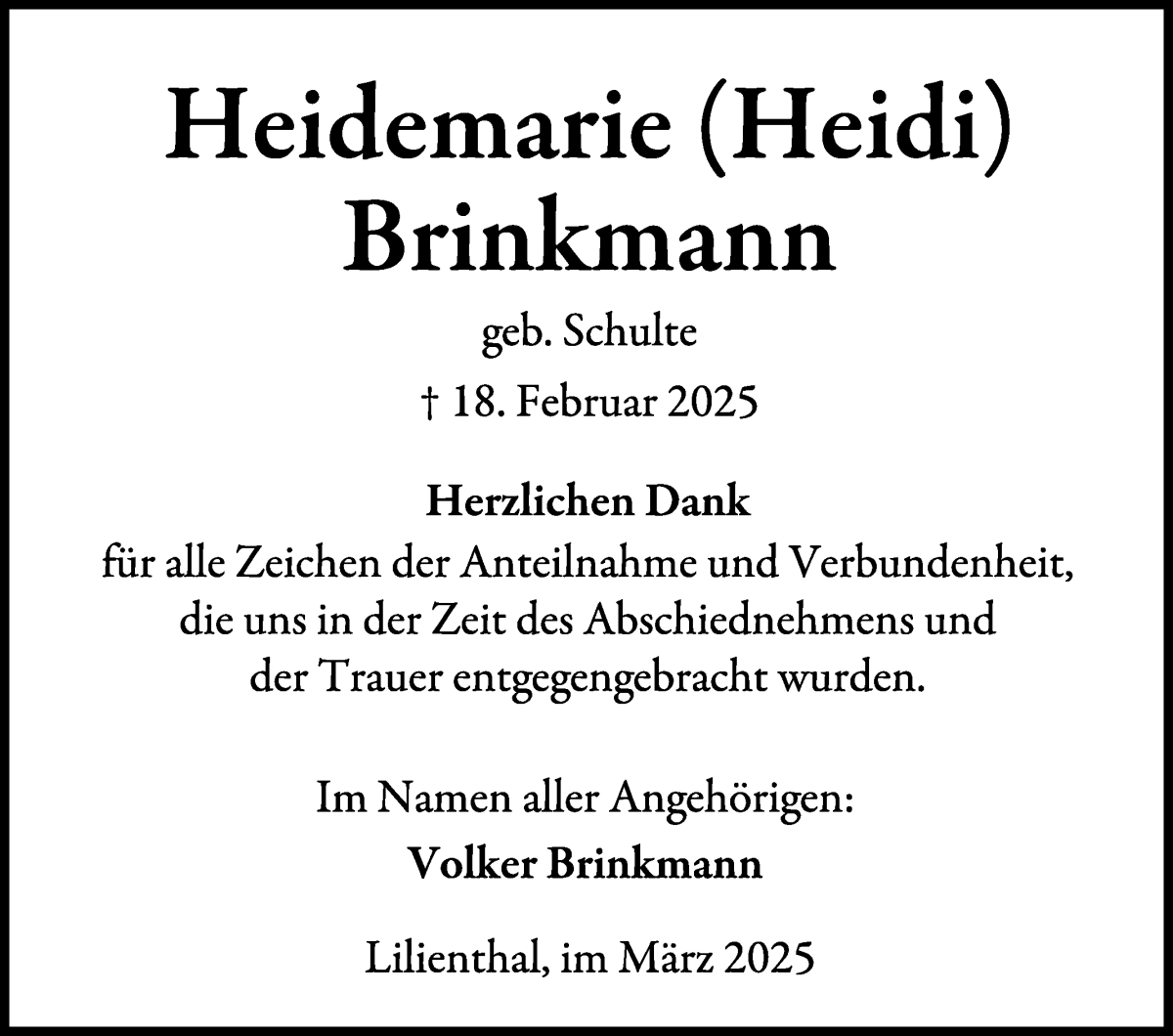 Traueranzeige von Heidemarie Brinkmann von Wuemme Zeitung