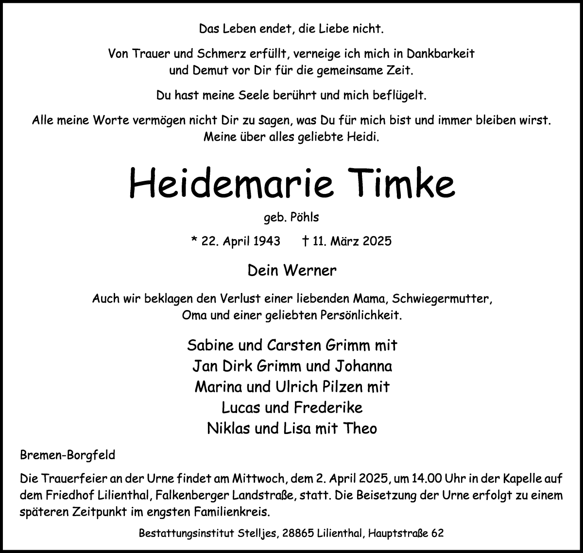 Traueranzeige von Heidemarie Timke von WESER-KURIER