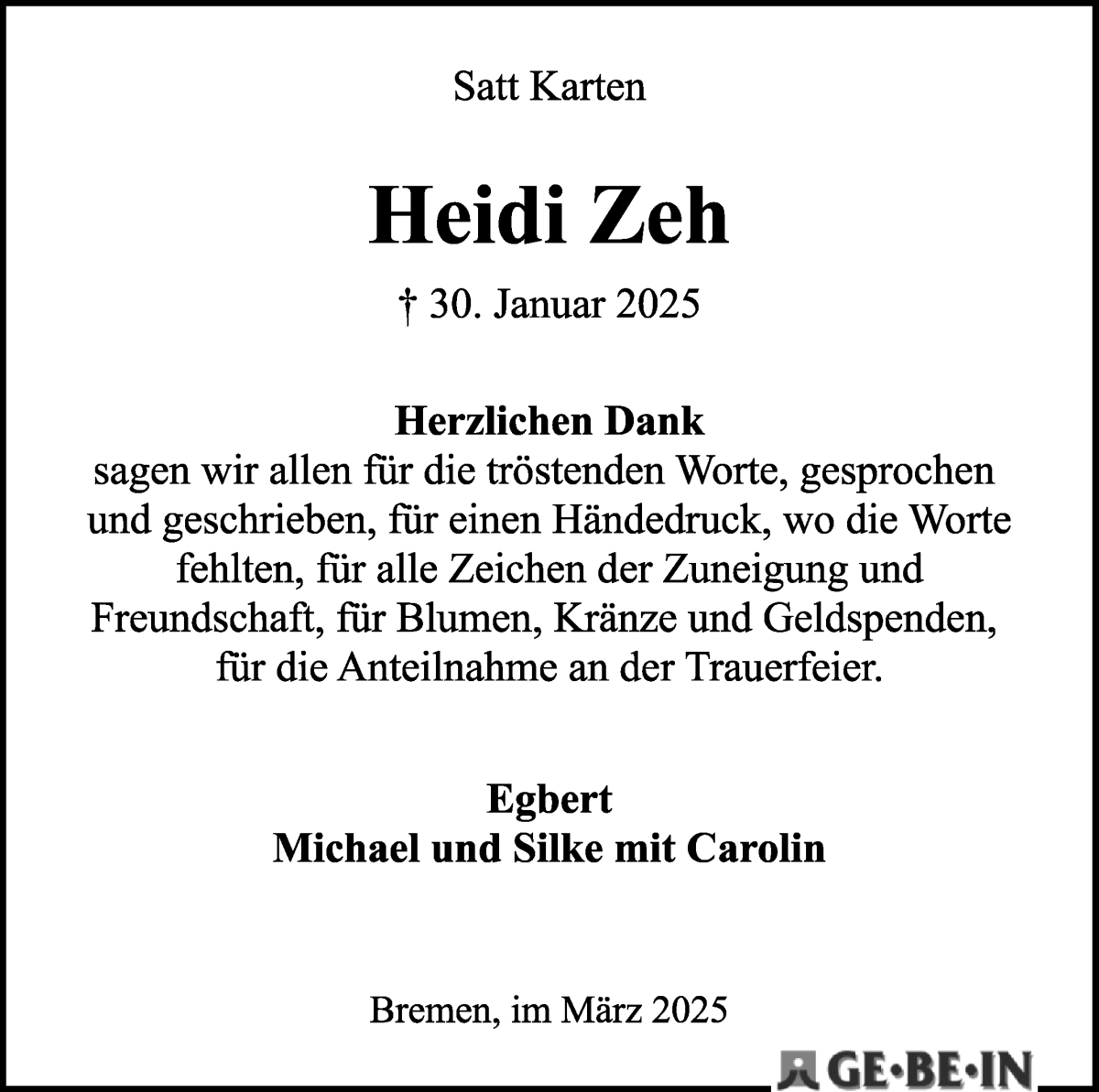 Traueranzeige von Heidi Zeh von WESER-KURIER