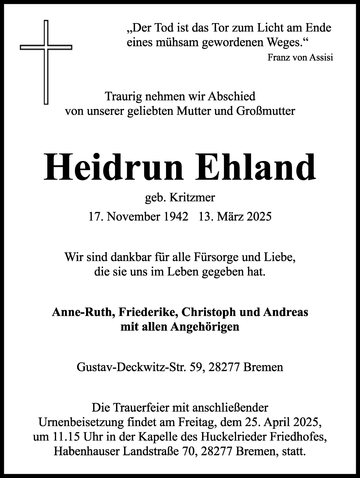 Traueranzeige von Heidrun Ehland von WESER-KURIER