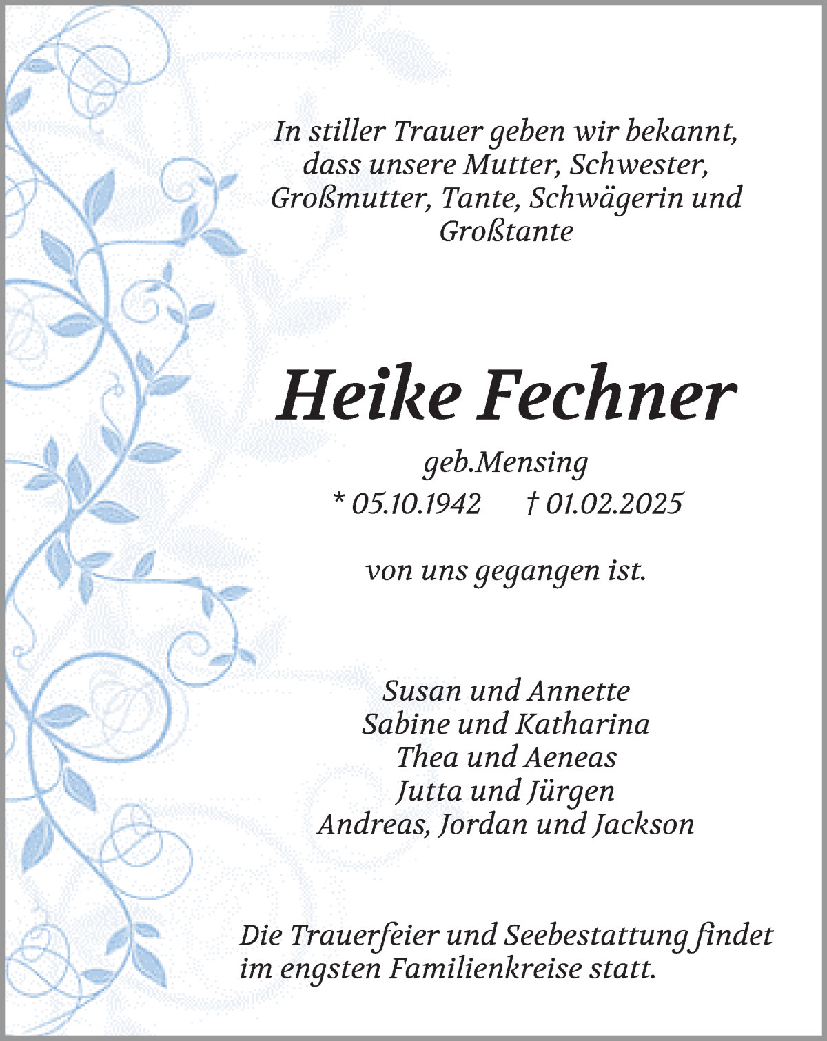 Traueranzeige von Heike Fechner von Wuemme Zeitung