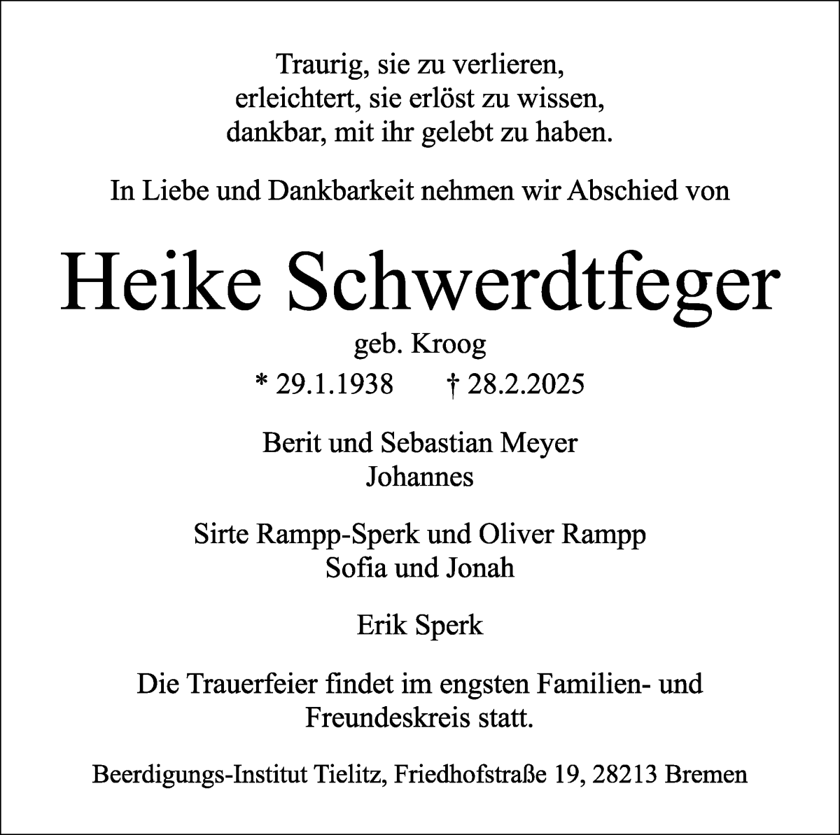 Traueranzeige von Heike Schwerdtfeger von WESER-KURIER