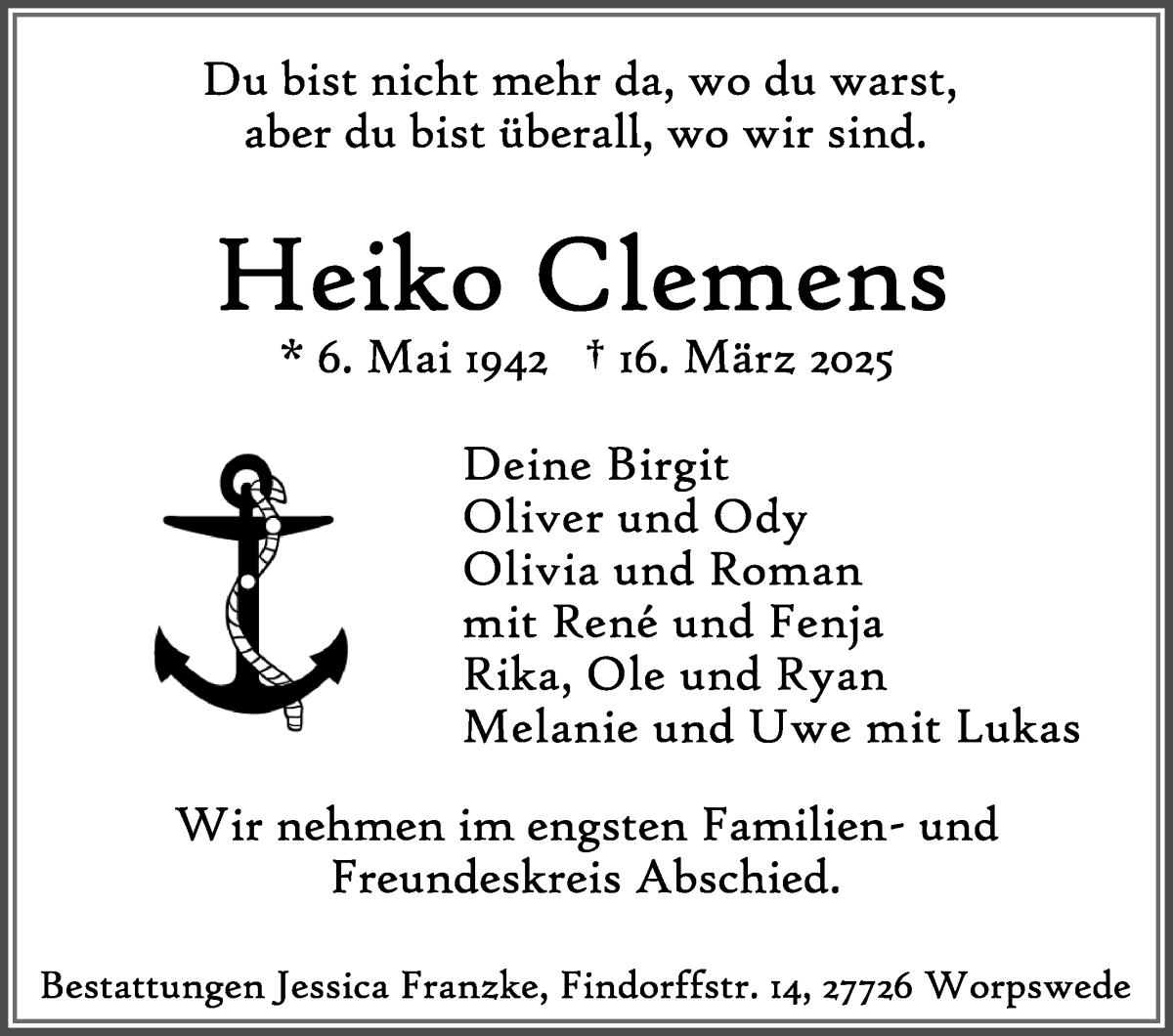 Traueranzeige von Heiko Clemens von Wuemme Zeitung