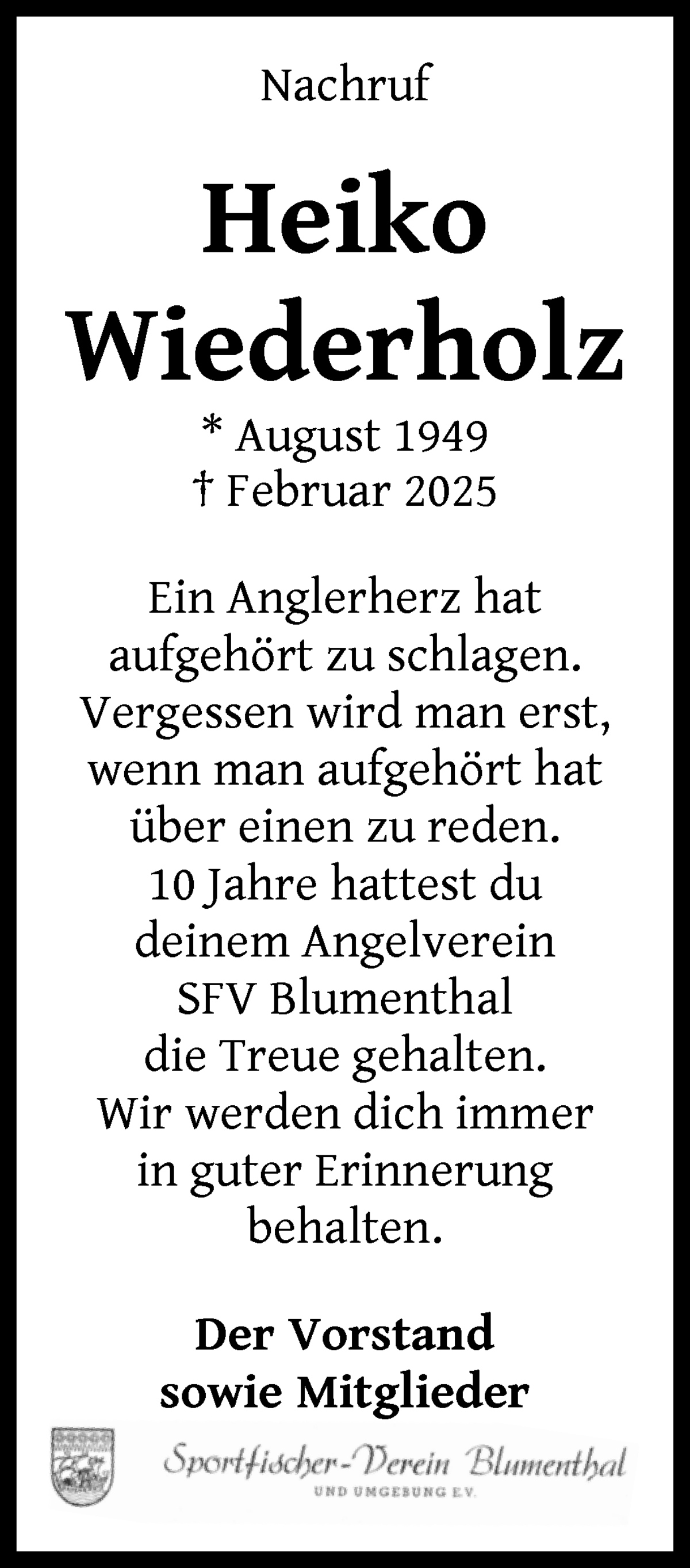 Traueranzeige von Heiko Wiederholz von Die Norddeutsche