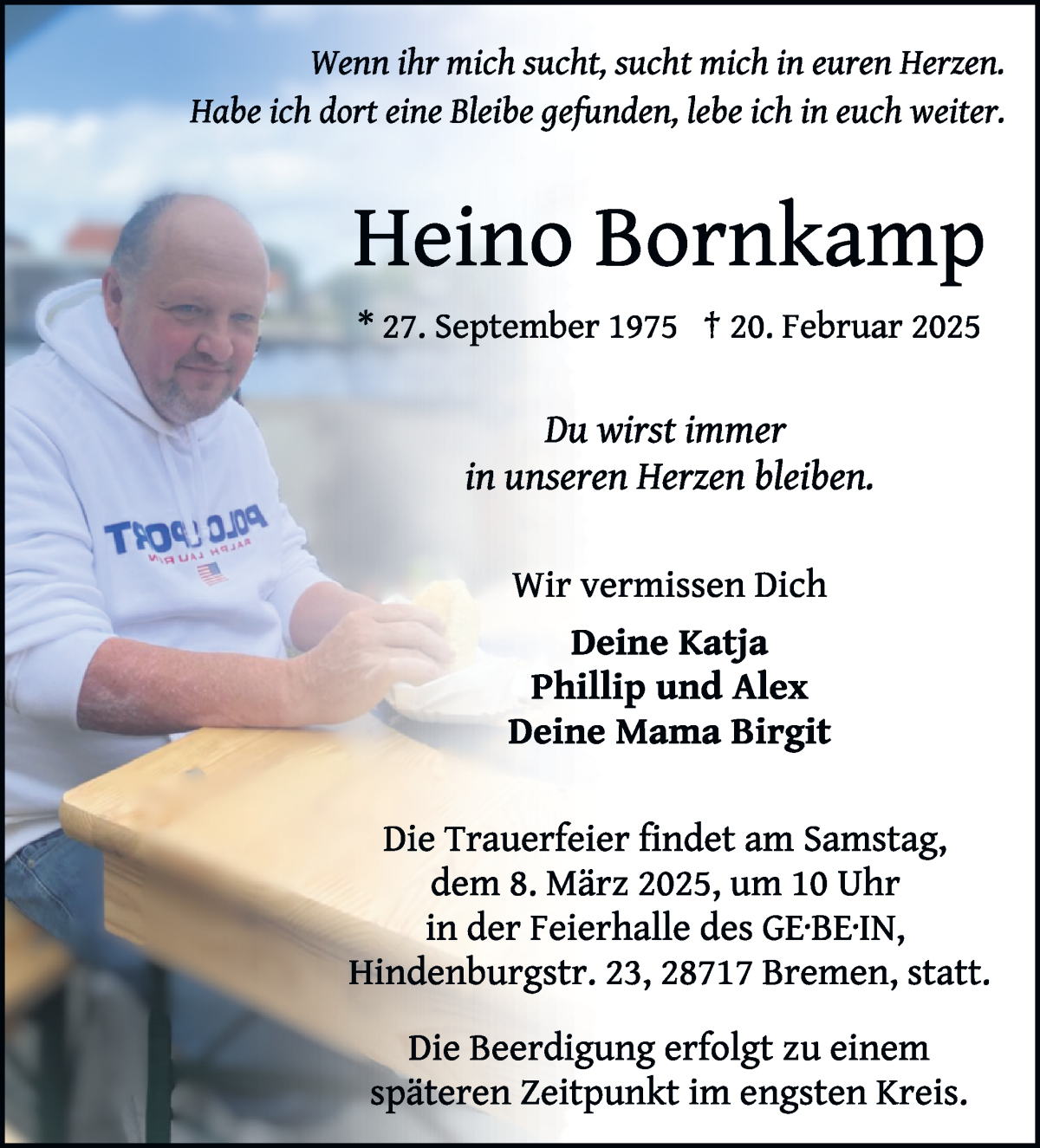 Traueranzeige von Heino Bornkamp von WESER-KURIER