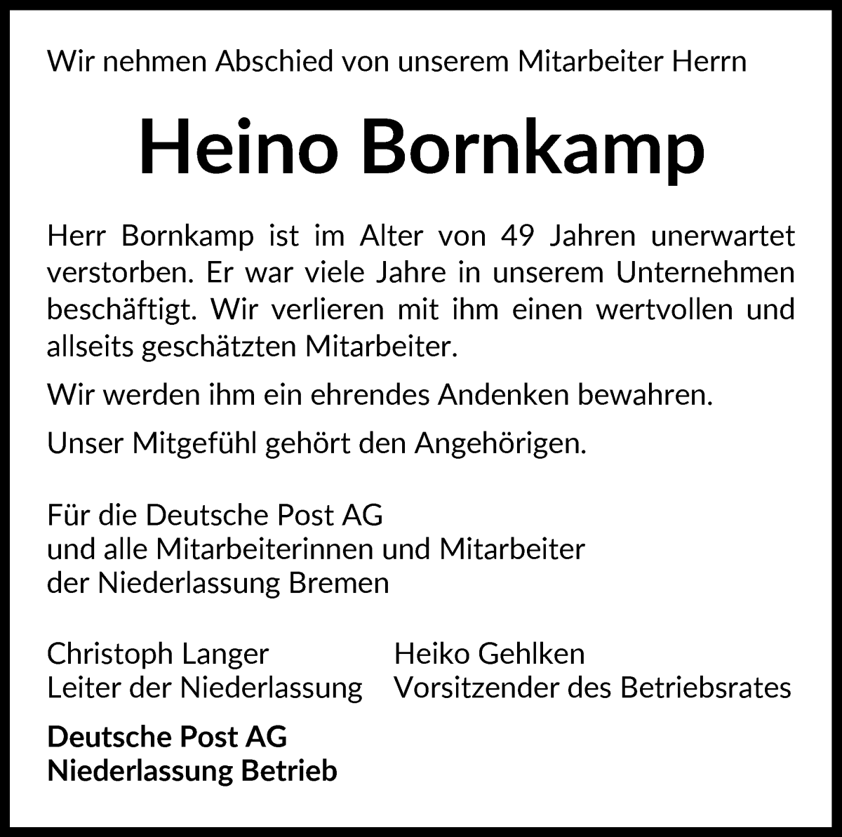 Traueranzeige von Heino Bornkamp von WESER-KURIER