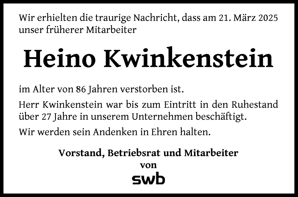 Traueranzeige von Heino Kwinkenstein von WESER-KURIER