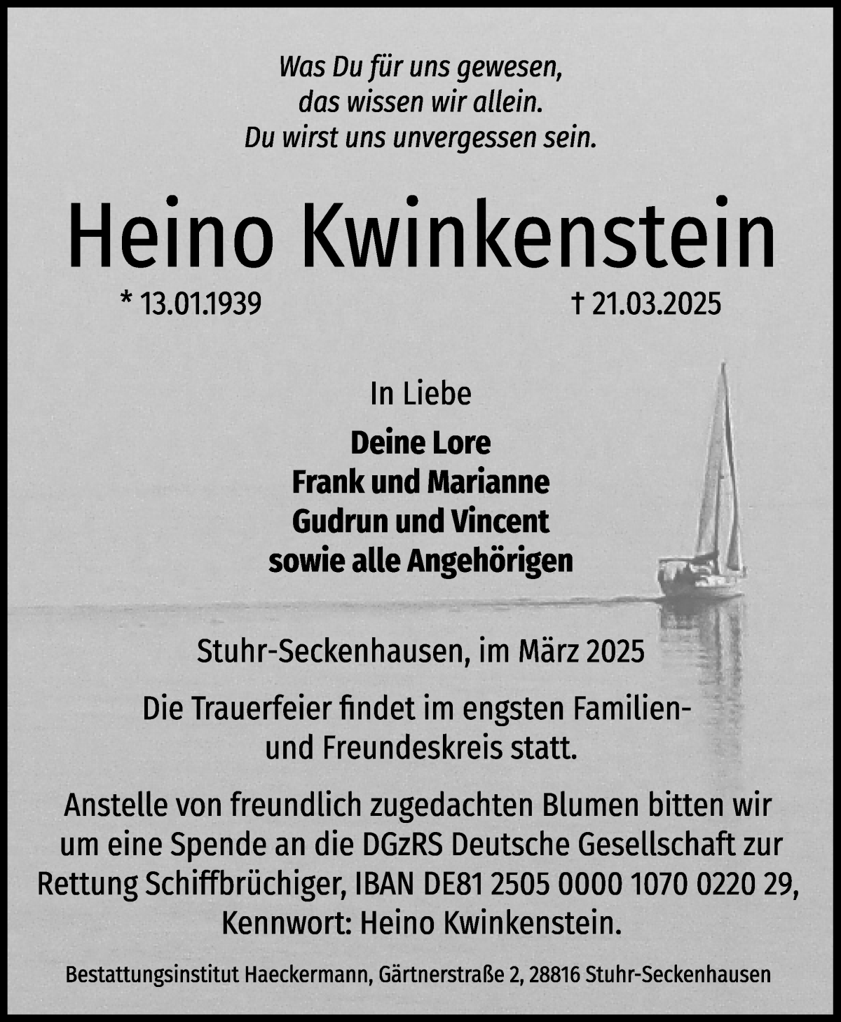 Traueranzeige von Heino Kwinkenstein von Regionale Rundschau/Syker Kurier
