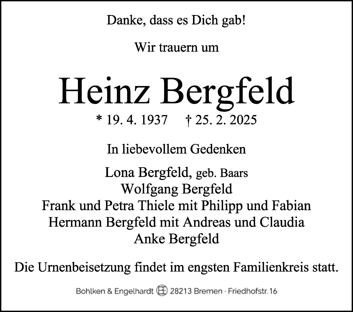 Traueranzeige von Heinrich Bergfeld von WESER-KURIER