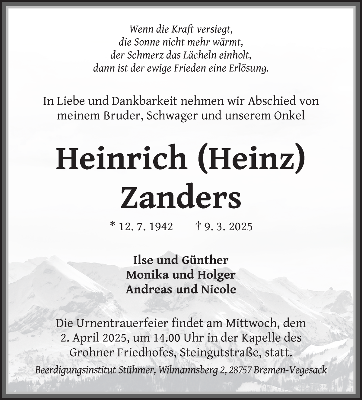 Traueranzeige von Heinrich Zanders von Die Norddeutsche