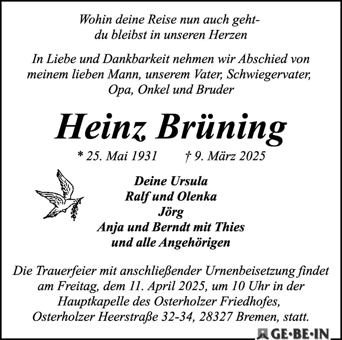 Traueranzeige von Heinz Brüning von WESER-KURIER