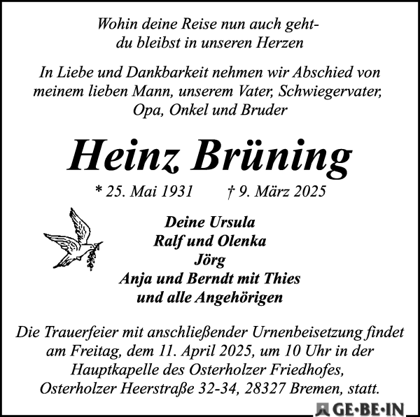Traueranzeige von Heinz Brüning von WESER-KURIER