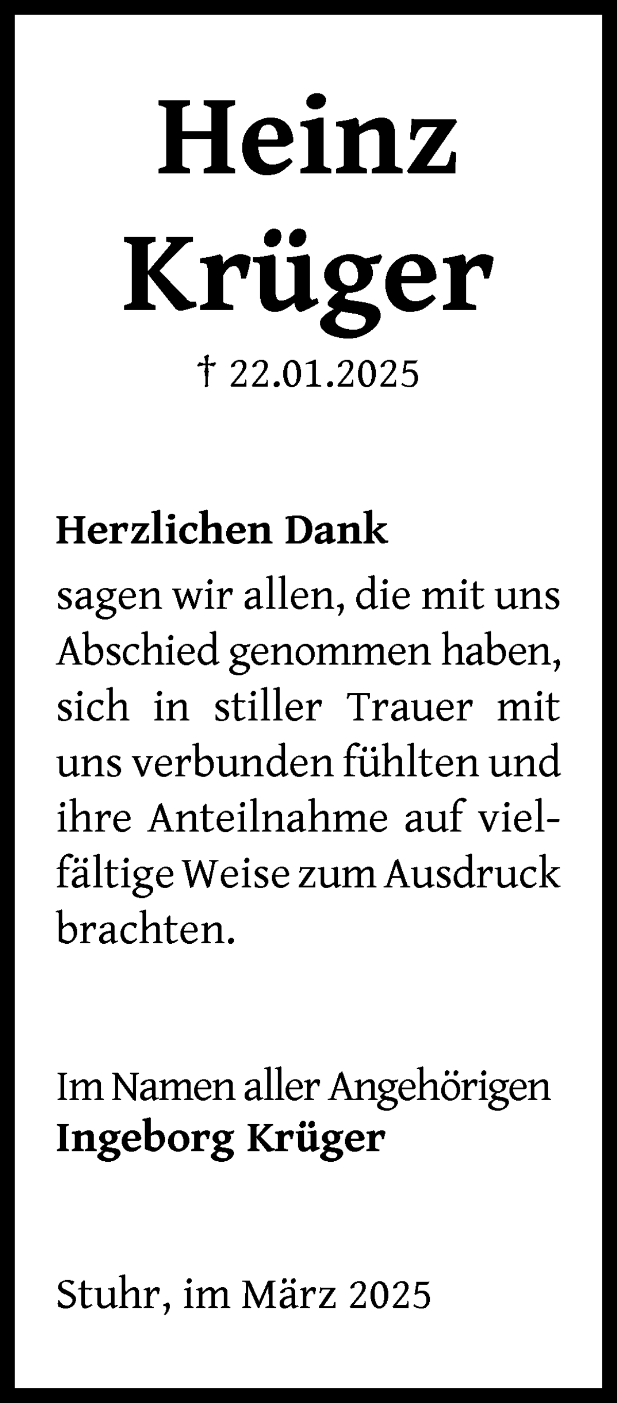 Traueranzeige von Heinz Krüger von WESER-KURIER