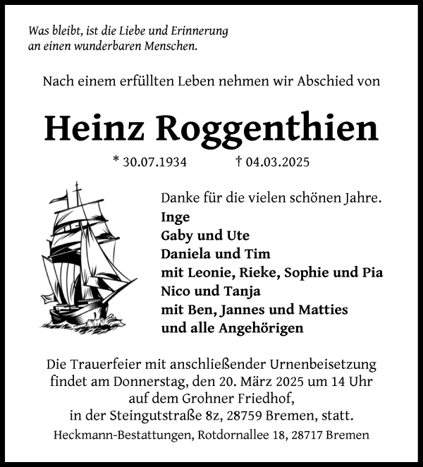 Traueranzeige von Heinz Roggenthien von Die Norddeutsche