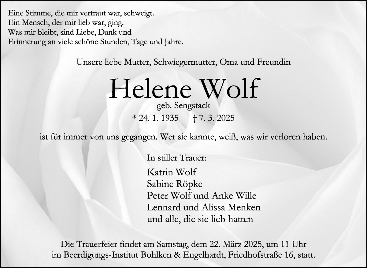 Traueranzeige von Helene Wolf von WESER-KURIER