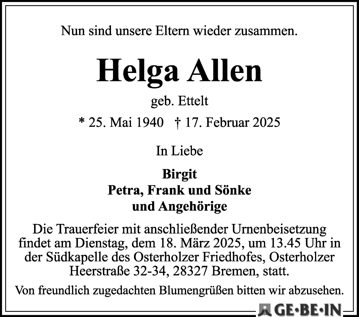 Traueranzeige von Helga Allen von WESER-KURIER