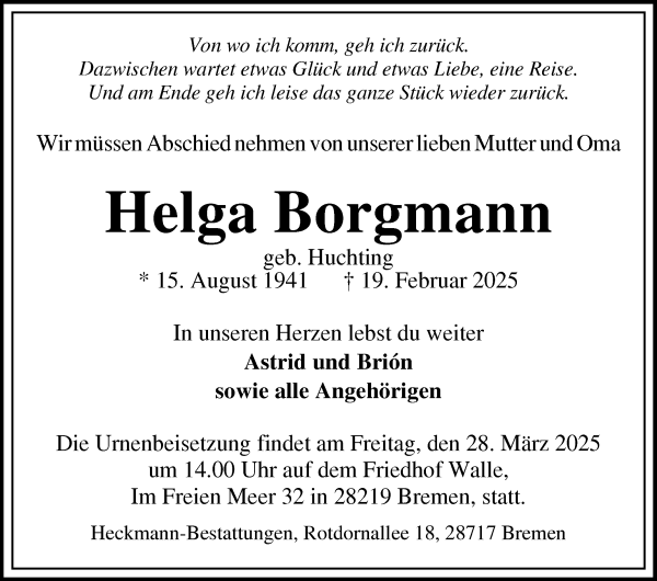 Traueranzeige von Helga Borgmann von WESER-KURIER