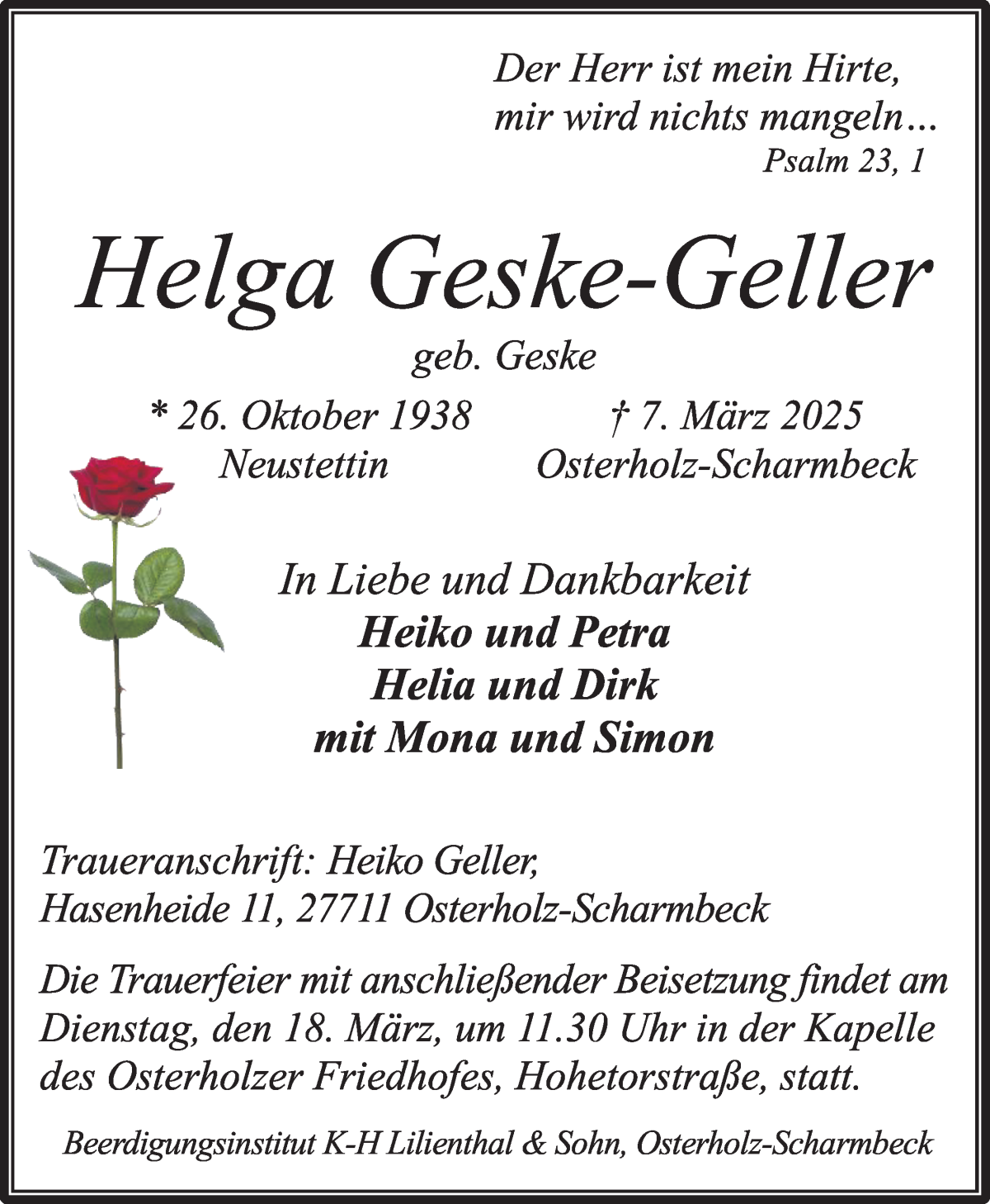 Traueranzeige von Helga Geske-Geller von Osterholzer Kreisblatt