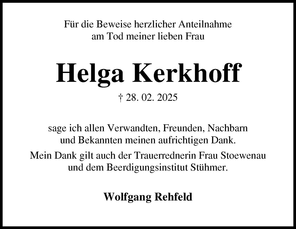 Traueranzeige von Helga Kerkhoff von Osterholzer Kreisblatt