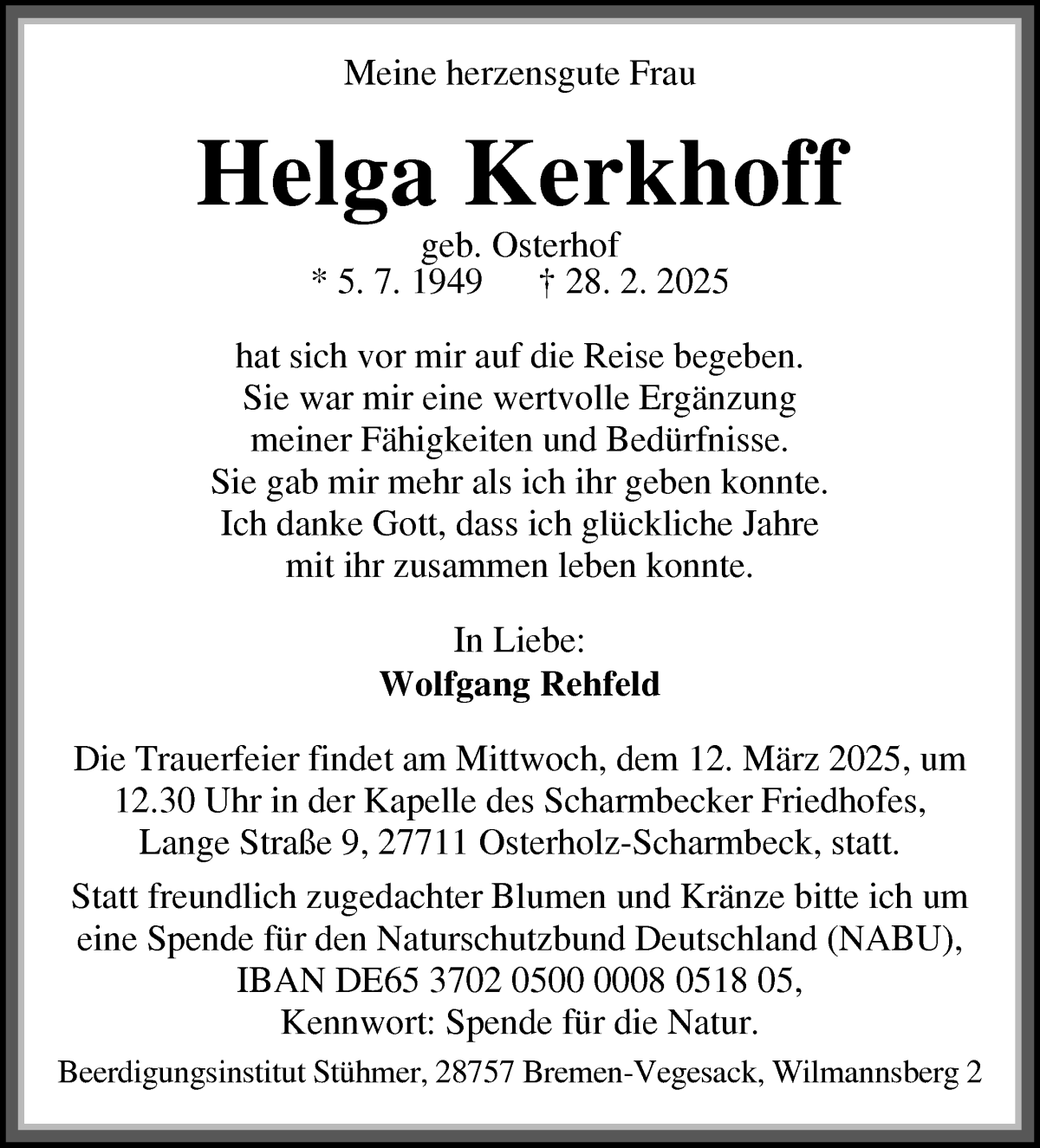 Traueranzeige von Helga Kerkhoff von Osterholzer Kreisblatt