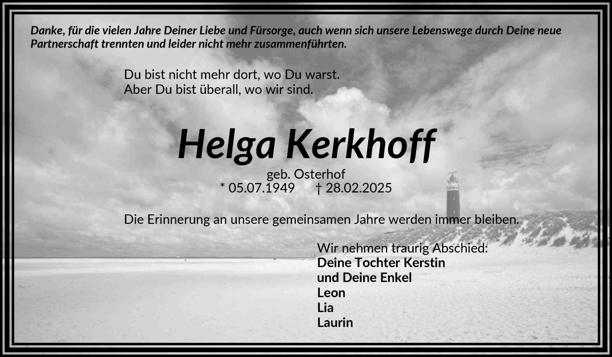 Traueranzeige von Helga Kerkhoff von Osterholzer Kreisblatt
