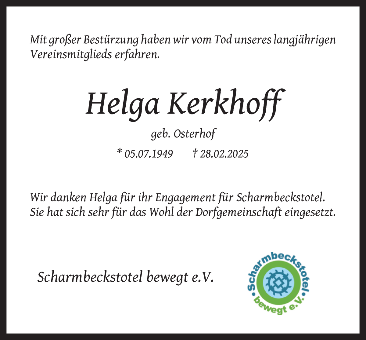 Traueranzeige von Helga Kerkhoff von Osterholzer Kreisblatt