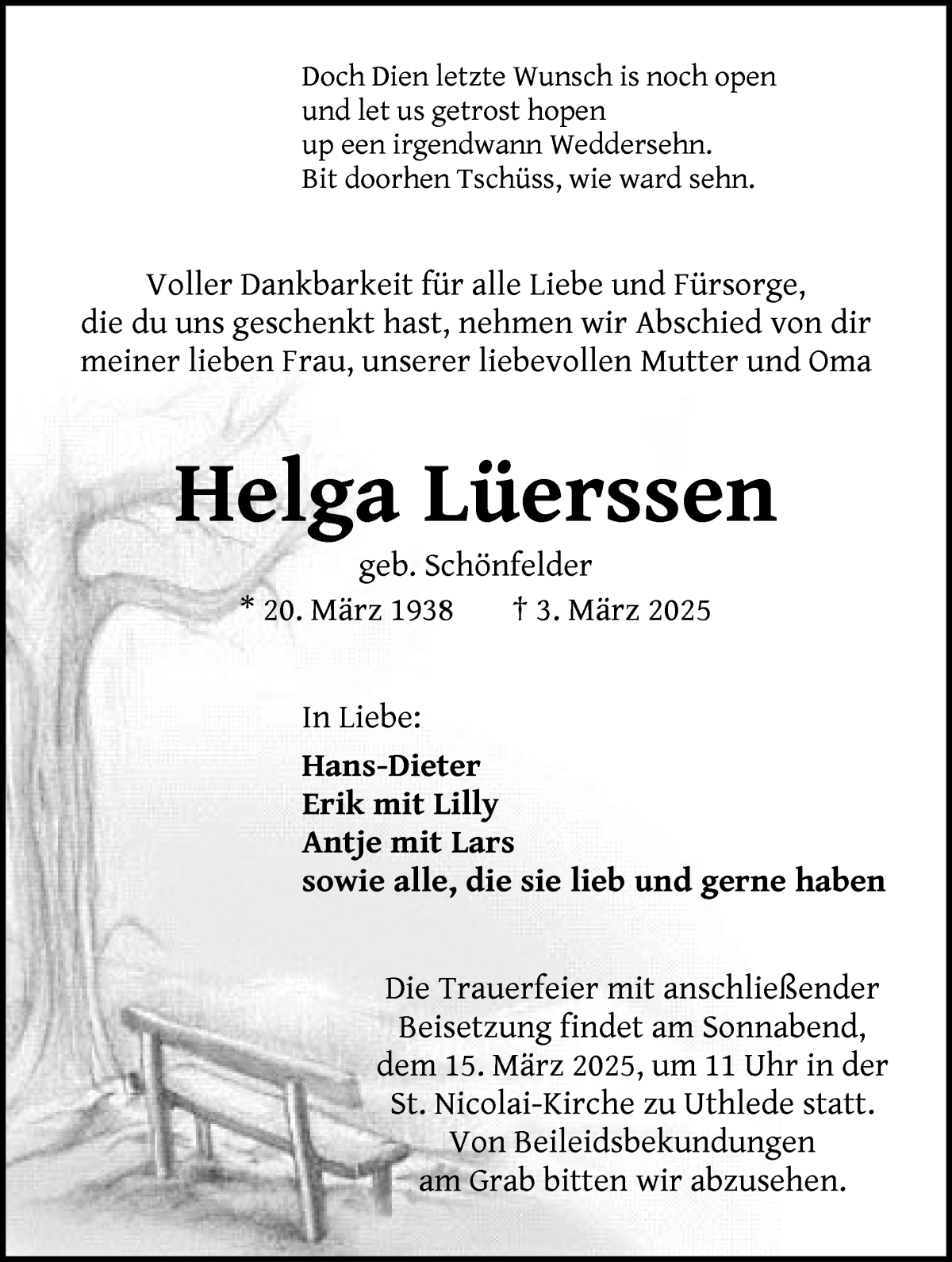 Traueranzeige von Helga Lüerssen von Osterholzer Kreisblatt