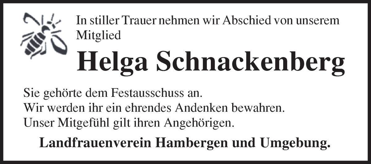 Traueranzeige von Helga Schnackenberg von Osterholzer Kreisblatt