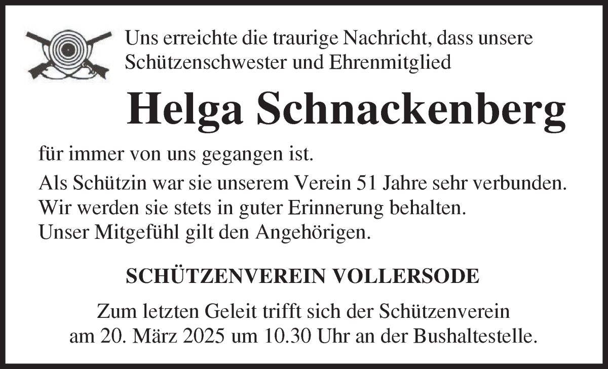 Traueranzeige von Helga Schnackenberg von Osterholzer Kreisblatt