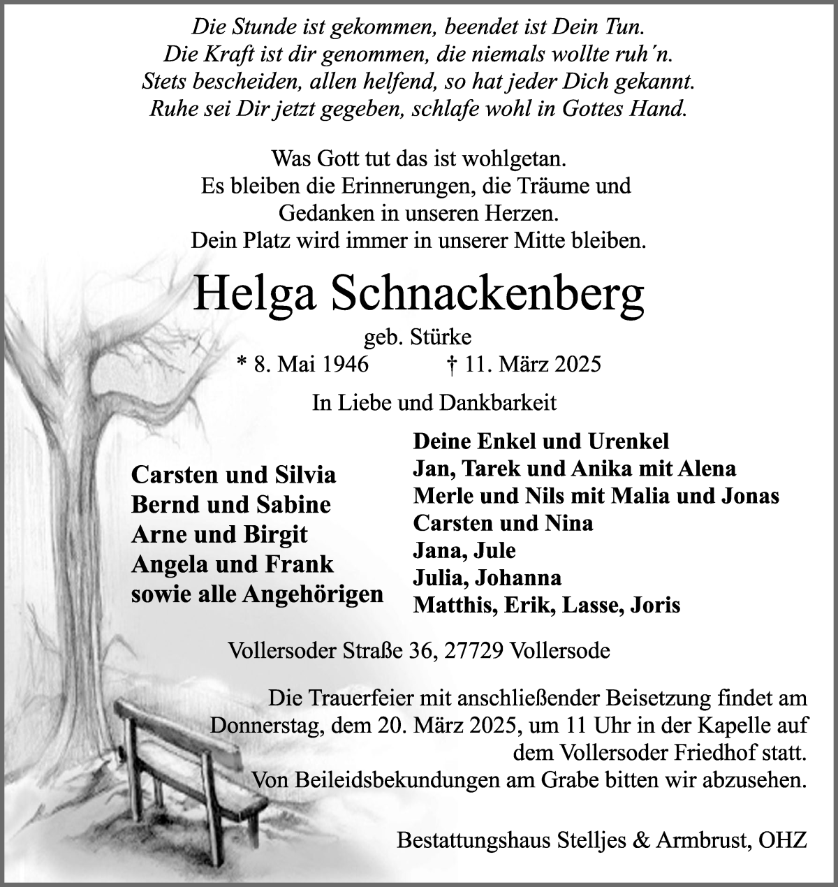 Traueranzeige von Helga Schnackenberg von Osterholzer Kreisblatt