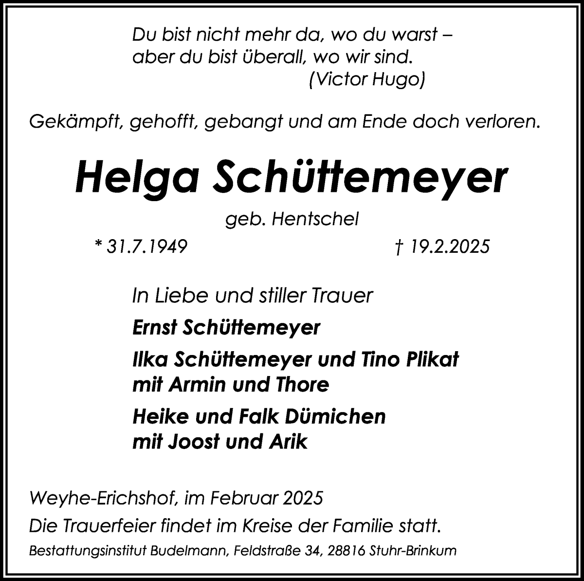 Traueranzeige von Helga Schüttemeyer von WESER-KURIER